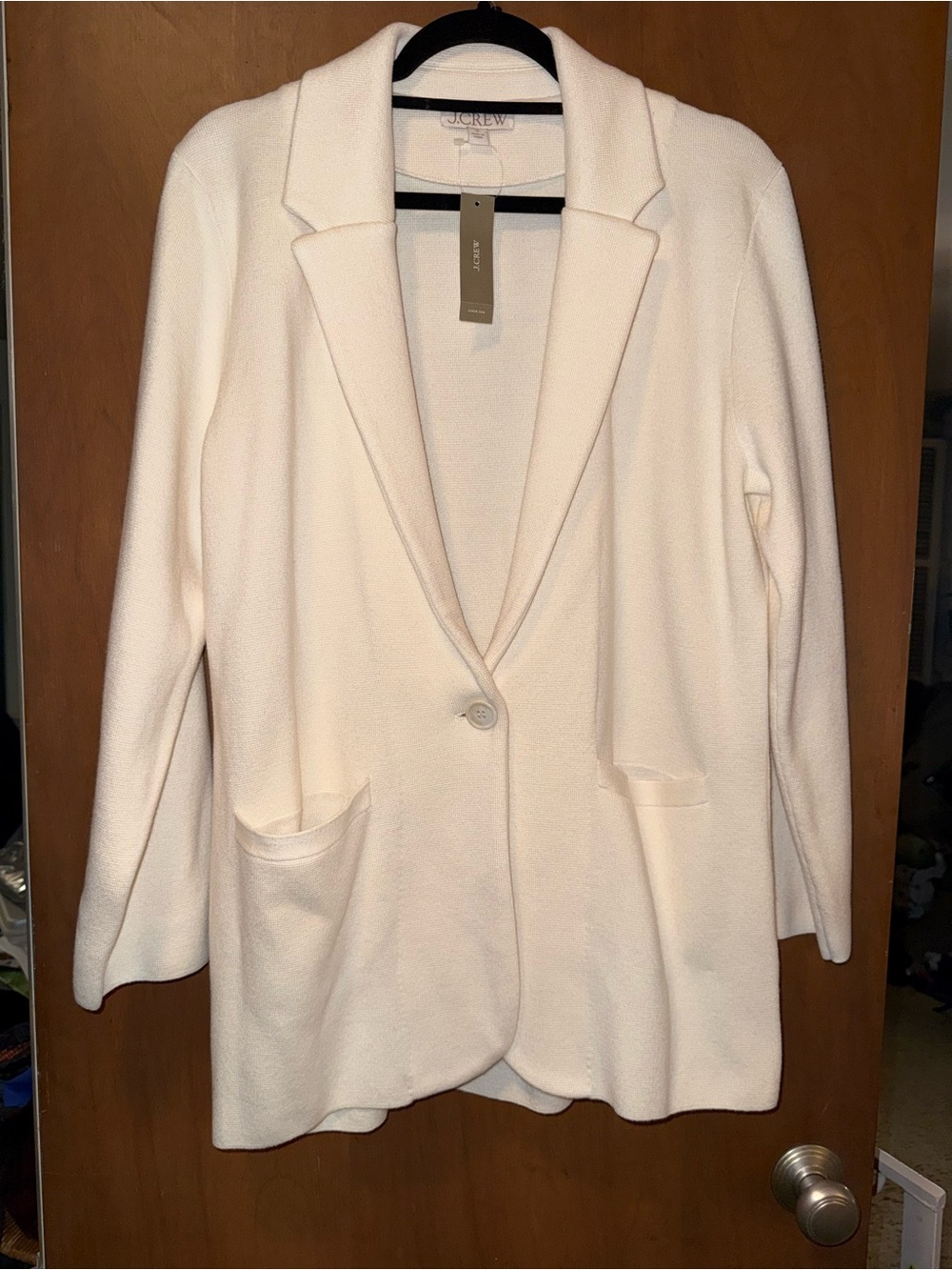 J. Crew Women's Cream knit long wool blend Blazer sz M cottage one button classy